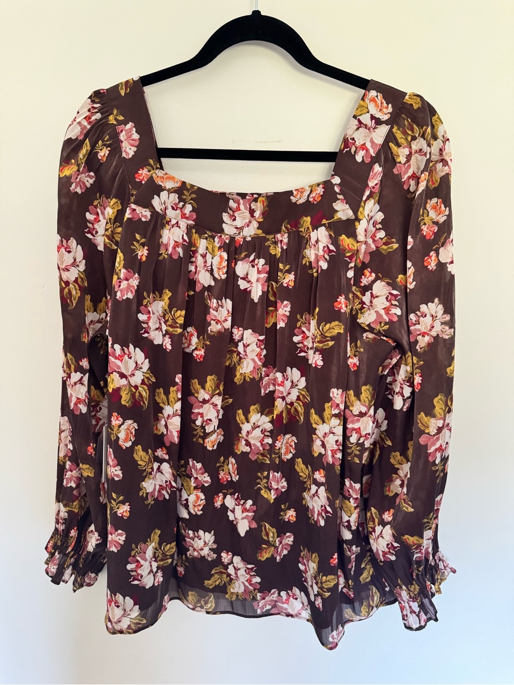 LC Lauren Conrad Chocolate Floral Square-Neck Blouse with Pink and Cream Blooms - Picture 3 of 3